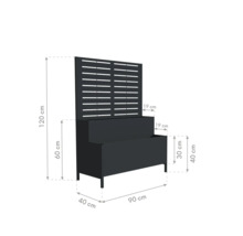 Dimensions du bac à fleurs avec treillis : 120 cm de hauteur, 90 cm de largeur et 40 cm de profondeur