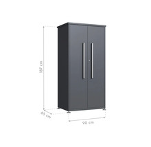 Armoire multifonctionnelle grise avec deux portes et dimensions de 187 x 90 x 65 cm.