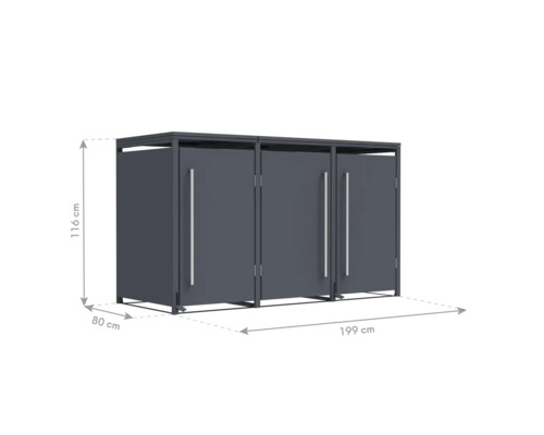 Mülltonnenbox mit drei Fächern, Abmessungen 199 x 80 x 116 cm