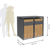 Double coffre à ordures en métal et en bois avec des dimensions de 116 cm de hauteur, 80 cm de profondeur et 132 cm de largeur