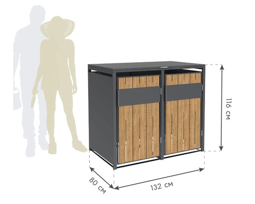 Double coffre à ordures en métal et en bois avec des dimensions de 116 cm de hauteur, 80 cm de profondeur et 132 cm de largeur