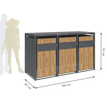 Box à déchets pour trois poubelles mesurant 116 cm de haut, 80 cm de profondeur et 198 cm de large