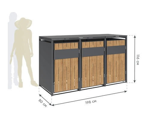 Box à déchets pour trois poubelles mesurant 116 cm de haut, 80 cm de profondeur et 198 cm de large