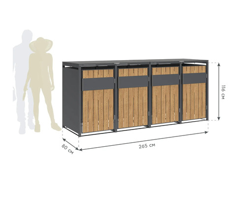 abri poubelle pour quatre poubelles mesurant 265 cm sur 80 cm sur 116 cm