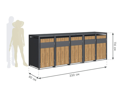 Cache-conteneurs pour quatre poubelles, dimensions 330 x 80 x 116 cm