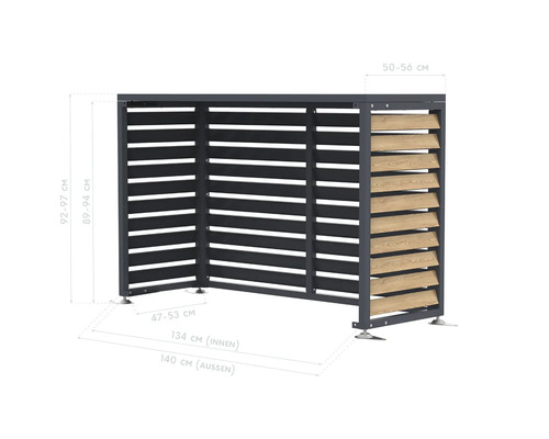 Brennholzregal mit Lamellen und Maßangaben