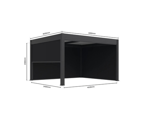 Pavillon mesurant 3630 millimètres sur 4260 millimètres et d'une hauteur de 2366 millimètres.