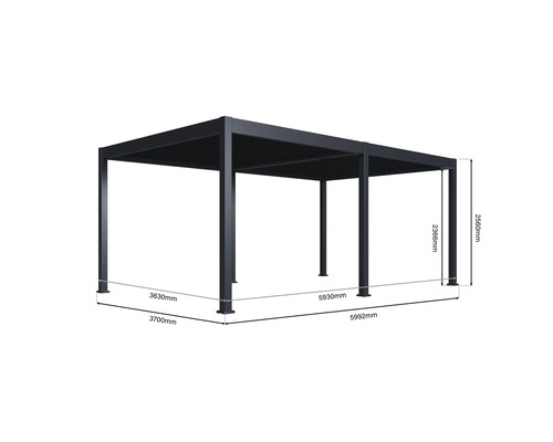 Dimensions d'une pergola métallique pour le jardin avec une hauteur de 2560 millimètres, une largeur de 3700 millimètres et une longueur de 5992 millimètres.