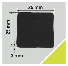 Tampon antidérapant carré, côté de 25 mm, épaisseur de 3 mm