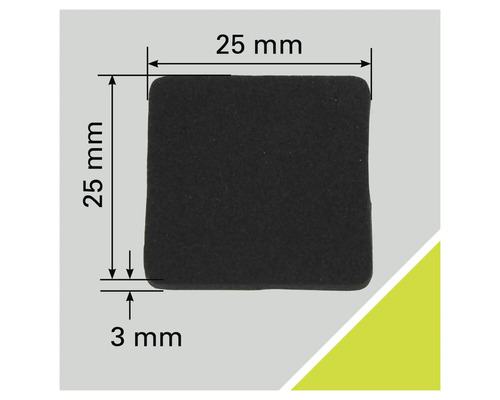 Tampon antidérapant carré, côté de 25 mm, épaisseur de 3 mm