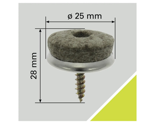 Patins en feutre avec vis, diamètre 25 millimètres, hauteur 28 millimètres