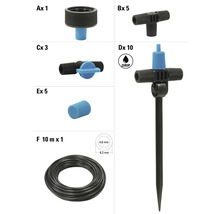 Diverse Gartenbewässerungsteile und ein Tropfen Symbol.