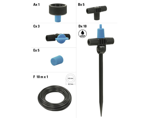 Diverse Gartenbewässerungsteile und ein Tropfen Symbol.