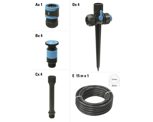 Gartenschlauch-Zubehörset, bestehend aus Schlauchkupplung, Sprühregner, Verlängerung und Erdspießregner sowie einem 15 Meter langen Schlauch