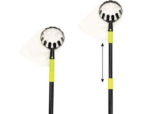 Zwei Ansichten eines Obstpflückers mit Teleskopstiel und Auffangbeutel