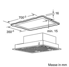 Technische Zeichnung einer Dunstabzugshaube mit Massangaben in Millimetern