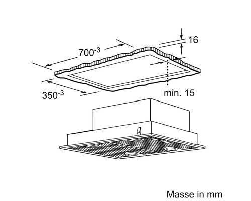 Technische Zeichnung einer Dunstabzugshaube mit Massangaben in Millimetern