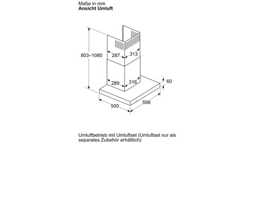 Technische Zeichnung einer Dunstabzugshaube mit Maßangaben für den Umluftbetrieb