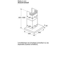 Technische Zeichnung einer Dunstabzugshaube mit Maßangaben