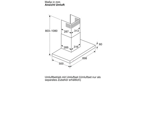 Abmessungen einer Dunstabzugshaube mit Umluftbetrieb in Millimeter