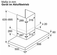 Masse der Dunstabzugshaube im Abluftbetrieb in Millimeter