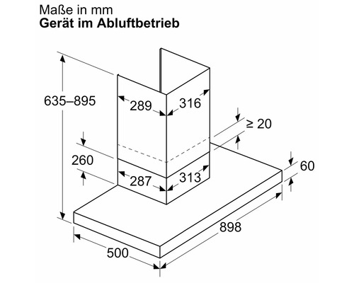 Masse der Dunstabzugshaube im Abluftbetrieb in Millimeter