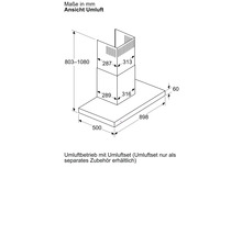 Technische Zeichnung einer Dunstabzugshaube mit Maßangaben