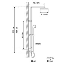 Masse einer Duschgarnitur mit Kopfbrause, Handbrause und Brauseschlauch