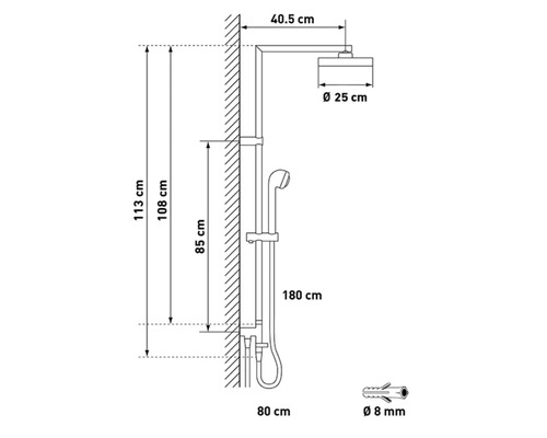 Masse einer Duschgarnitur mit Kopfbrause, Handbrause und Brauseschlauch