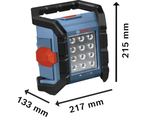 Bosch Logo auf einer Baustellenleuchte mit den Maßen 215 mm Höhe, 133 mm Breite und 217 mm Länge
