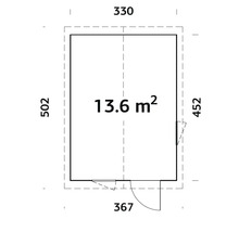 Plan avec dimensions d'un bâtiment : surface de 13,6 mètres carrés, dimensions extérieures de 330 x 502 cm.