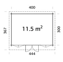 Plan avec dimensions d'un abri de jardin, surface de 11,5 mètres carrés