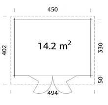 Plan avec dimensions pour abri de jardin, surface 14.2 mètres carrés