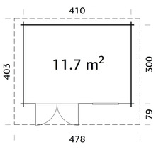 Plan d'un abri de jardin avec porte, fenêtre et les dimensions 410 x 478 x 300 cm et une surface de 11.7 mètres carrés.