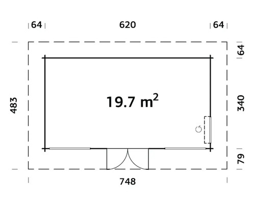 Plan d'un abri de jardin avec porte, fenêtre et les dimensions 483 x 748 x 620 cm et une superficie de 19,7 mètres carrés.