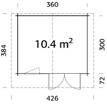 Plan d'un abri de jardin avec des dimensions de 360 x 426 x 384 cm et une surface de 10,4 m²