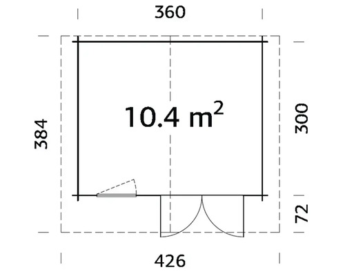Plan d'un abri de jardin avec des dimensions de 360 x 426 x 384 cm et une surface de 10,4 m²