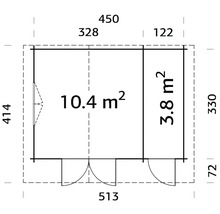 Plan d'un abri de jardin avec indication des surfaces en mètres carrés et des dimensions en centimètres
