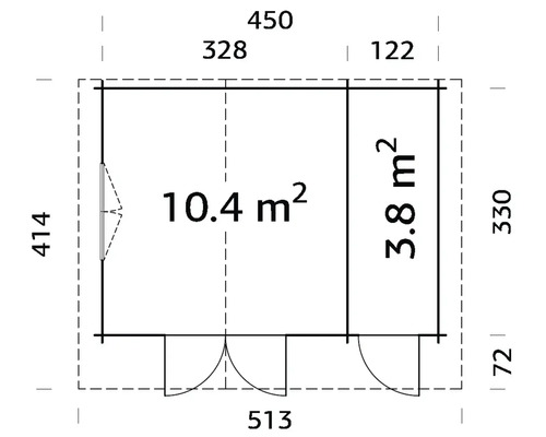 Plan d'un abri de jardin avec indication des surfaces en mètres carrés et des dimensions en centimètres
