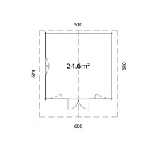 Grundriss eines Gartenhauses mit Abmessungen und Flächenangabe