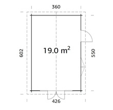 Plan d'un abri de jardin mesurant 602 x 360 cm, avec une surface de 19 mètres carrés.