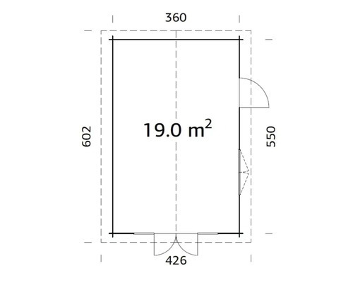 Plan d'un abri de jardin mesurant 602 x 360 cm, avec une surface de 19 mètres carrés.