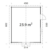 Plan d'un abri de jardin avec des dimensions de 450 x 602 cm, une porte et une fenêtre