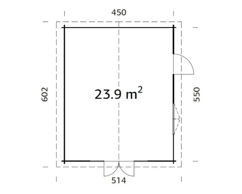 Plan d'un abri de jardin avec des dimensions de 450 x 602 cm, une porte et une fenêtre