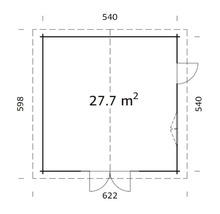 Plan d'un abri de jardin mesurant 540 sur 598 centimètres et d'une superficie de 27,7 mètres carrés
