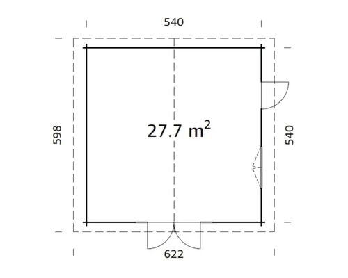 Plan d'un abri de jardin mesurant 540 sur 598 centimètres et d'une superficie de 27,7 mètres carrés