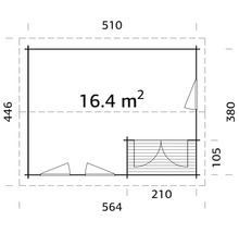 Plan d'un abri de jardin mesurant 510 x 564 centimètres et d'une superficie de 16,4 mètres carrés.