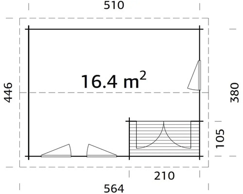 Plan d'un abri de jardin mesurant 510 x 564 centimètres et d'une superficie de 16,4 mètres carrés.