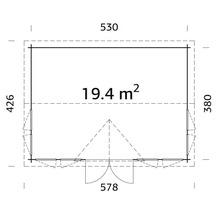Plan d'un abri de jardin avec des dimensions de 530 x 426 cm et une surface de 19.4 mètres carrés.