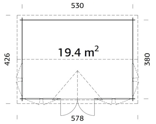Plan d'un abri de jardin avec des dimensions de 530 x 426 cm et une surface de 19.4 mètres carrés.